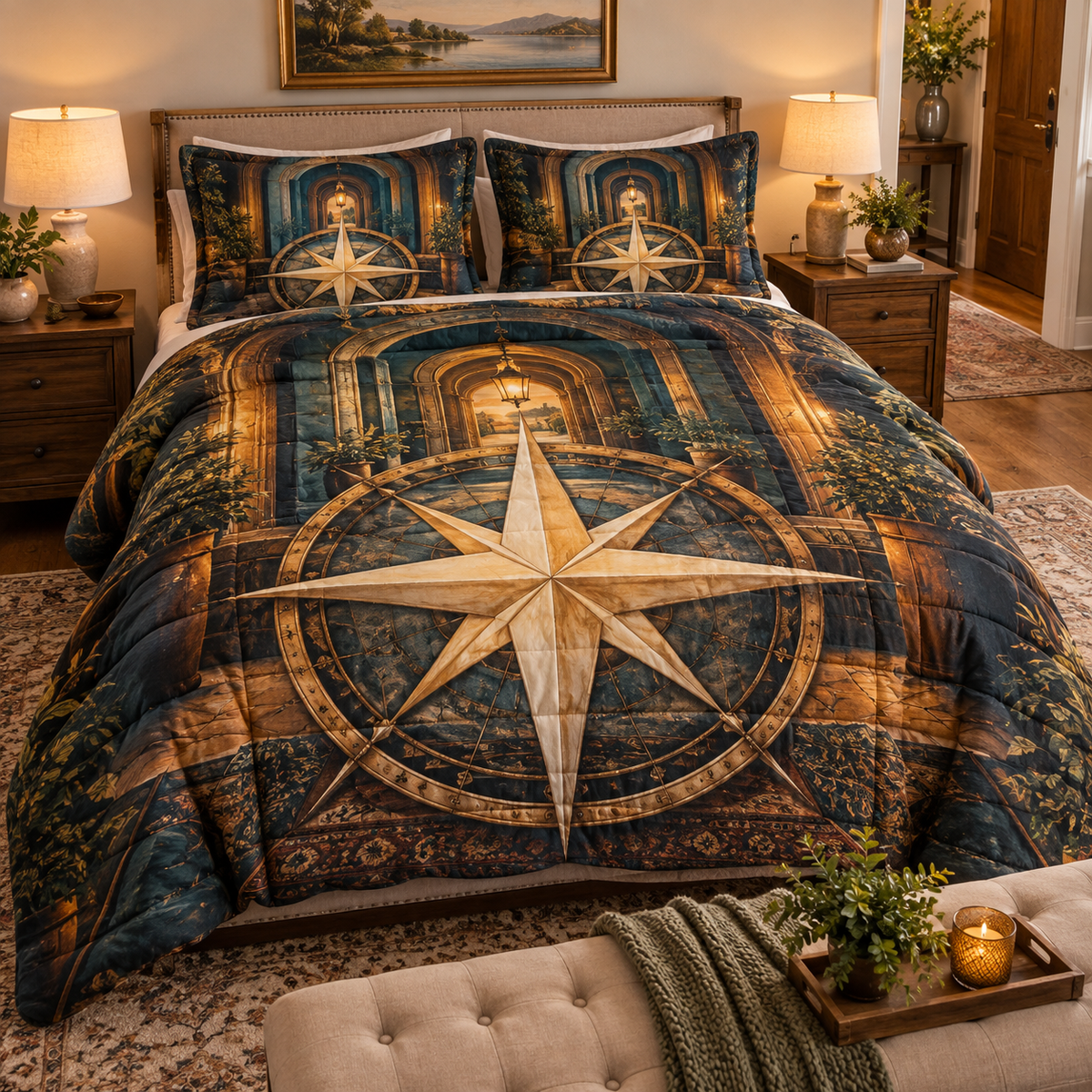 Warm Welcome Compass Quilted Bedding Set with printed optical 3D artwork in its use setting