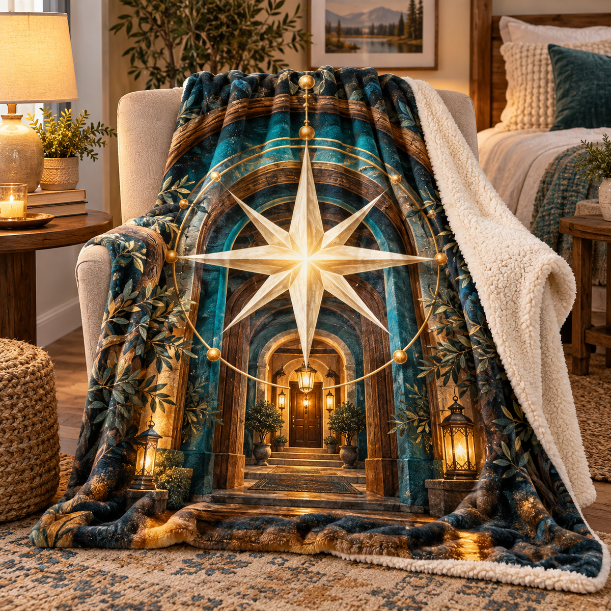 Warm Welcome Compass Sherpa & Fleece Blanket with printed optical 3D artwork in its use setting