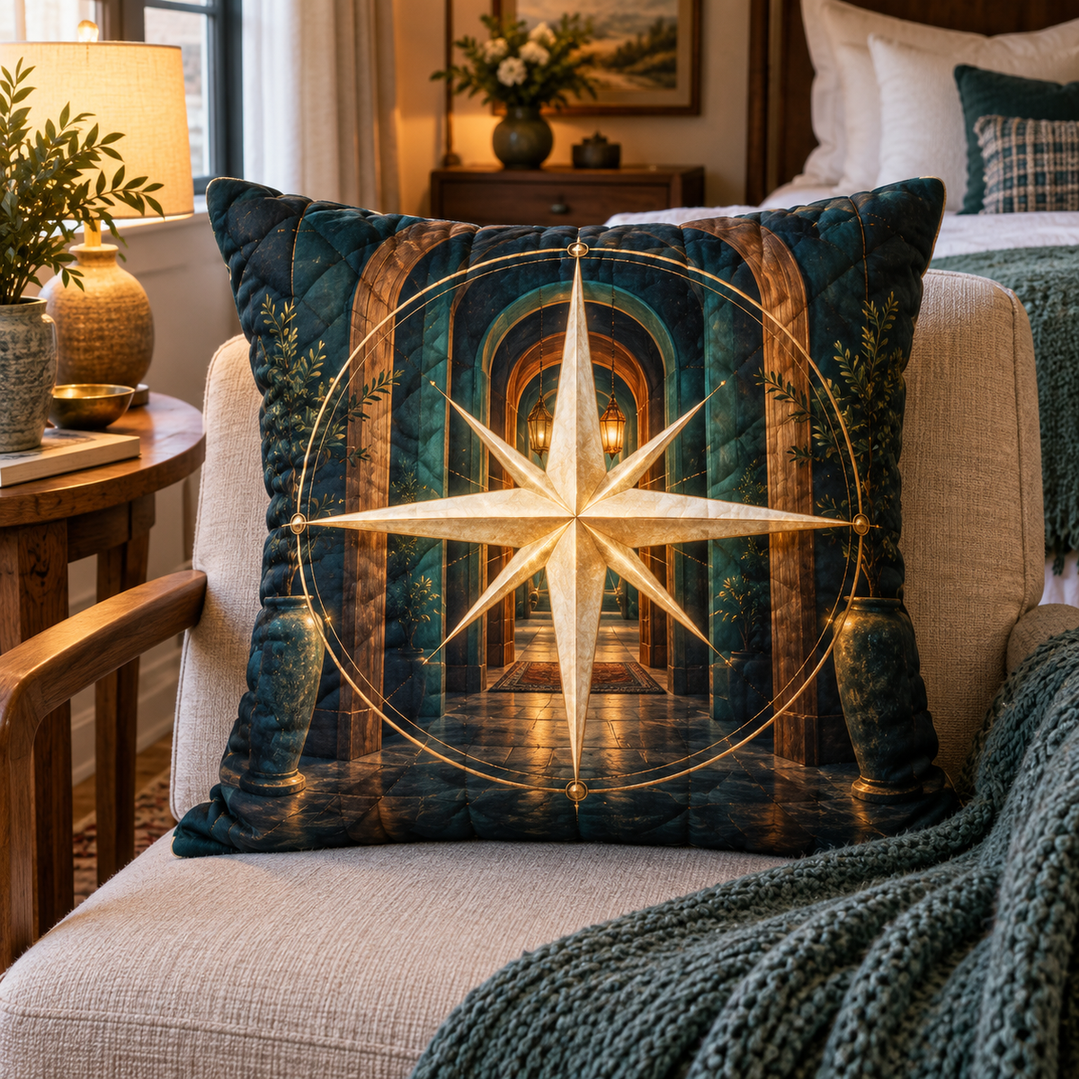 Warm Welcome Compass Quilted Cushion Cover with printed optical 3D artwork in its use setting