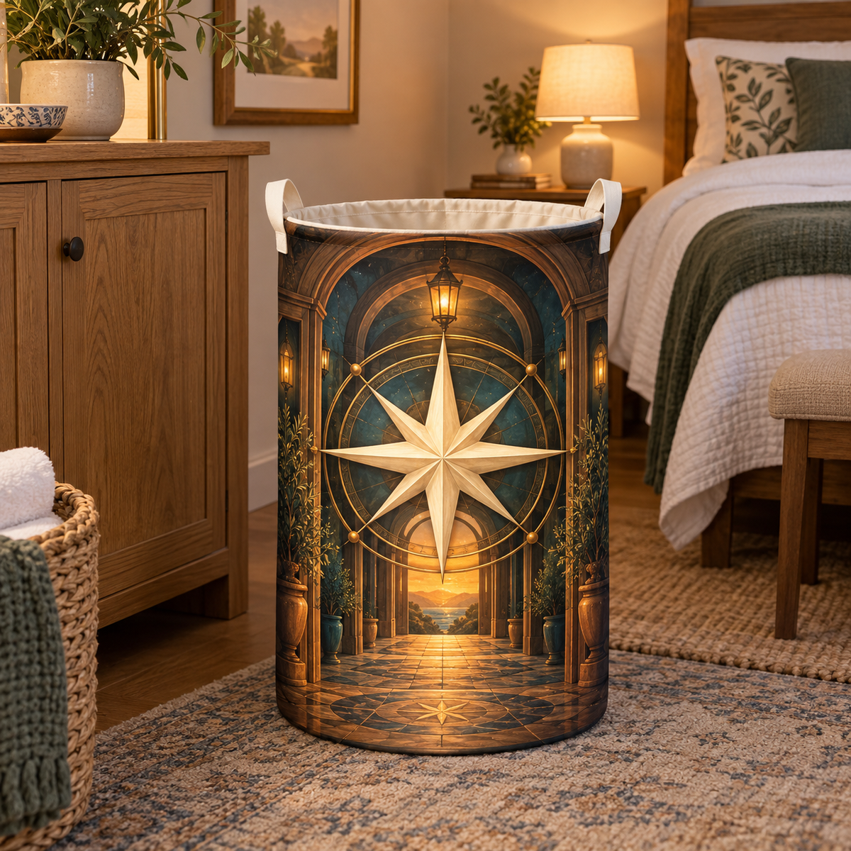 Warm Welcome Compass Laundry Hamper with printed optical 3D artwork in its use setting