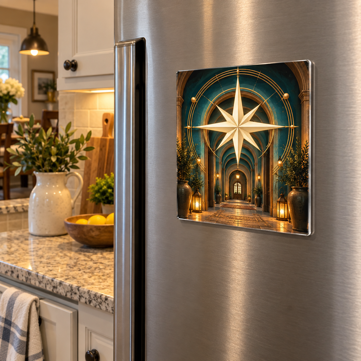Warm Welcome Compass Acrylic Refrigerator Magnet with printed optical 3D artwork in its use setting