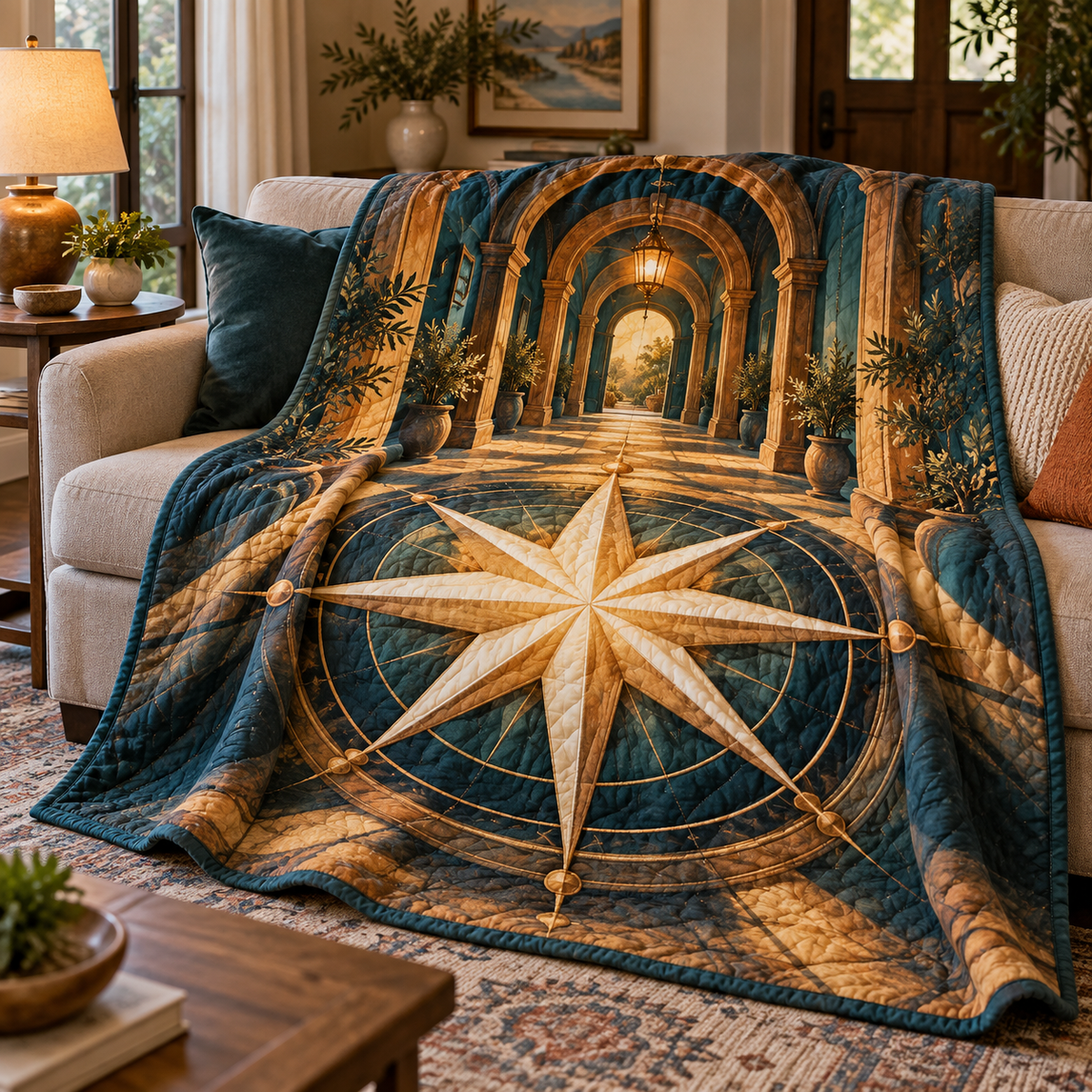 Warm Welcome Compass Quilt Blanket with printed optical 3D artwork in its use setting