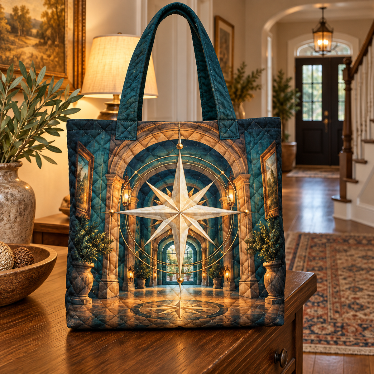 Warm Welcome Compass Quilted Tote Bag with printed optical 3D artwork in its use setting