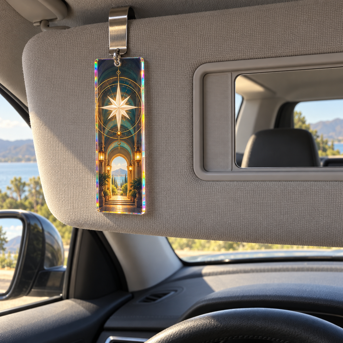 Warm Welcome Compass Holographic Car Visor Clip with printed optical 3D artwork in its use setting