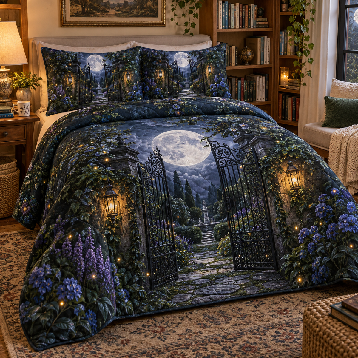 Moonlit Garden Gate Quilted Bedding Set with printed optical 3D artwork in its use setting
