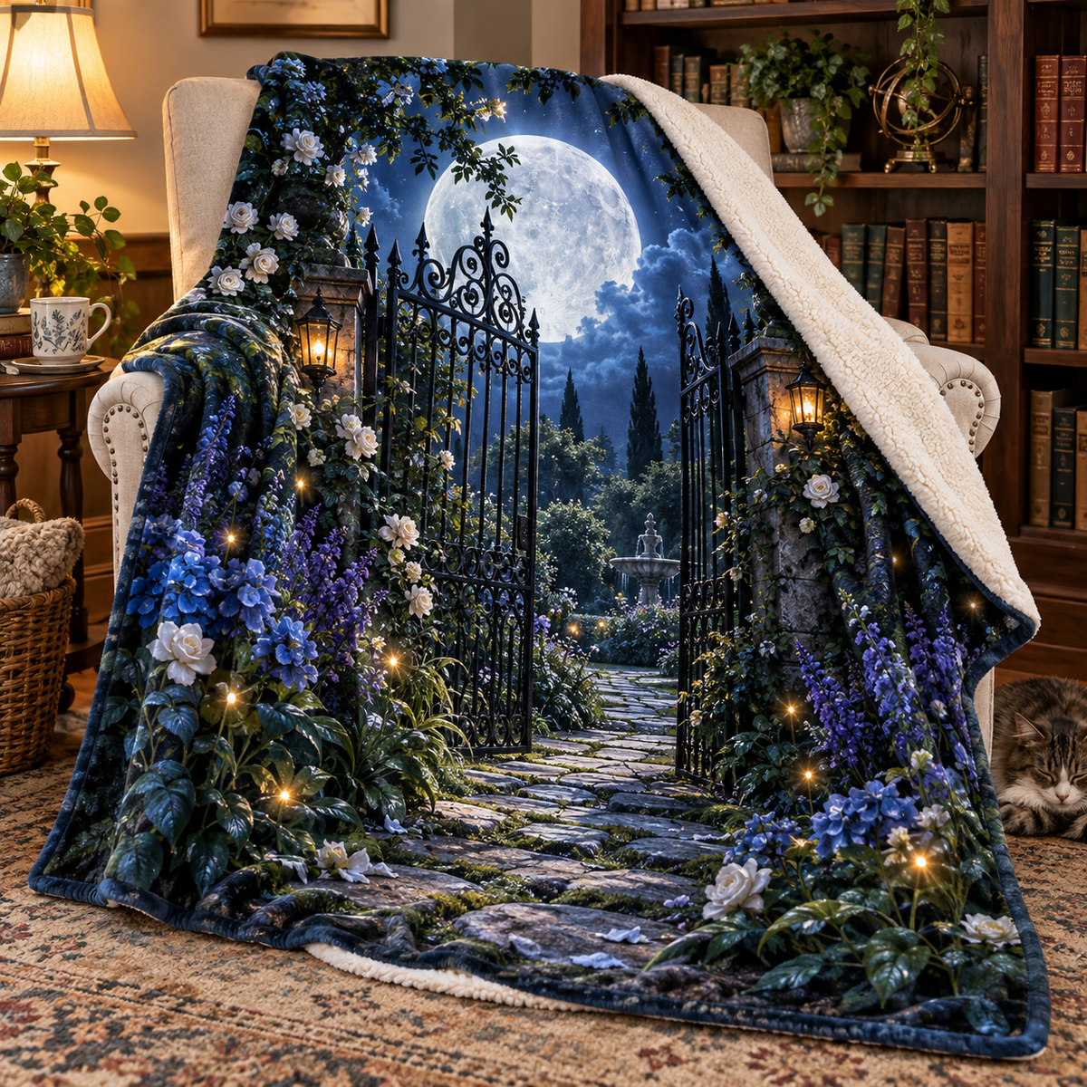 Moonlit Garden Gate Sherpa & Fleece Blanket with printed optical 3D artwork in its use setting