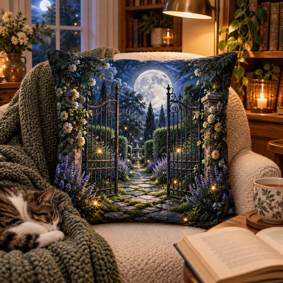 Moonlit Garden Gate Quilted Cushion Cover with printed optical 3D artwork in its use setting