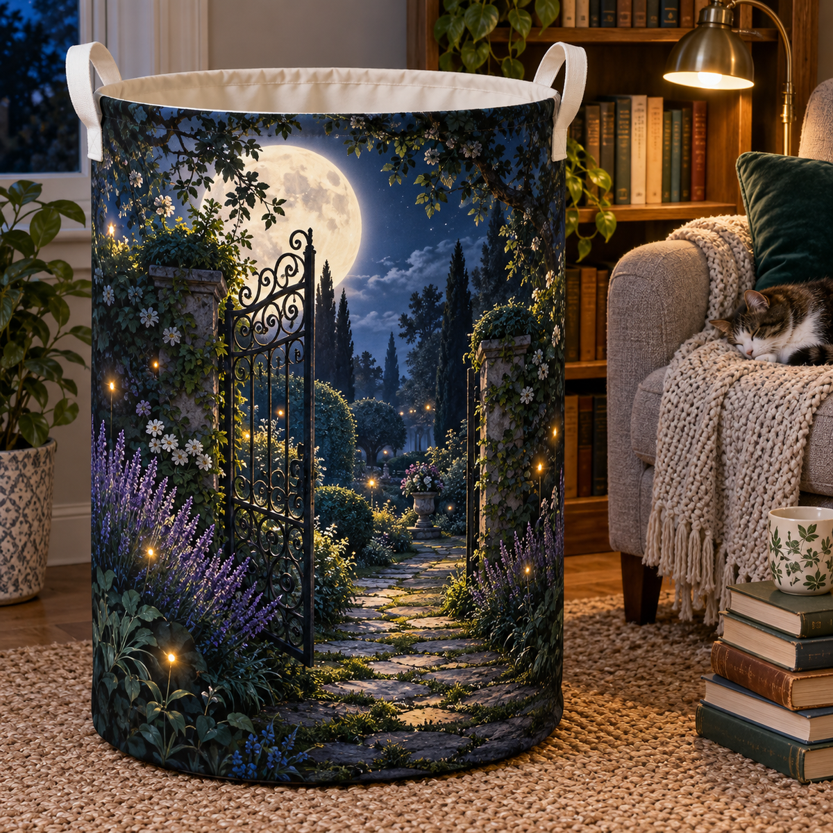 Moonlit Garden Gate Laundry Hamper with printed optical 3D artwork in its use setting
