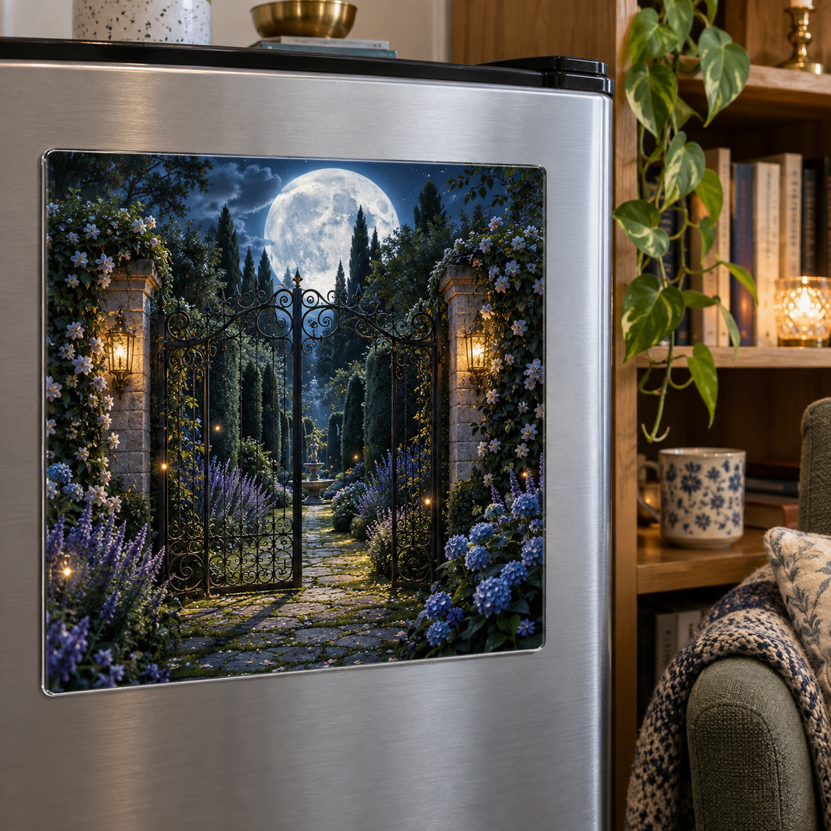 Moonlit Garden Gate Acrylic Refrigerator Magnet with printed optical 3D artwork in its use setting