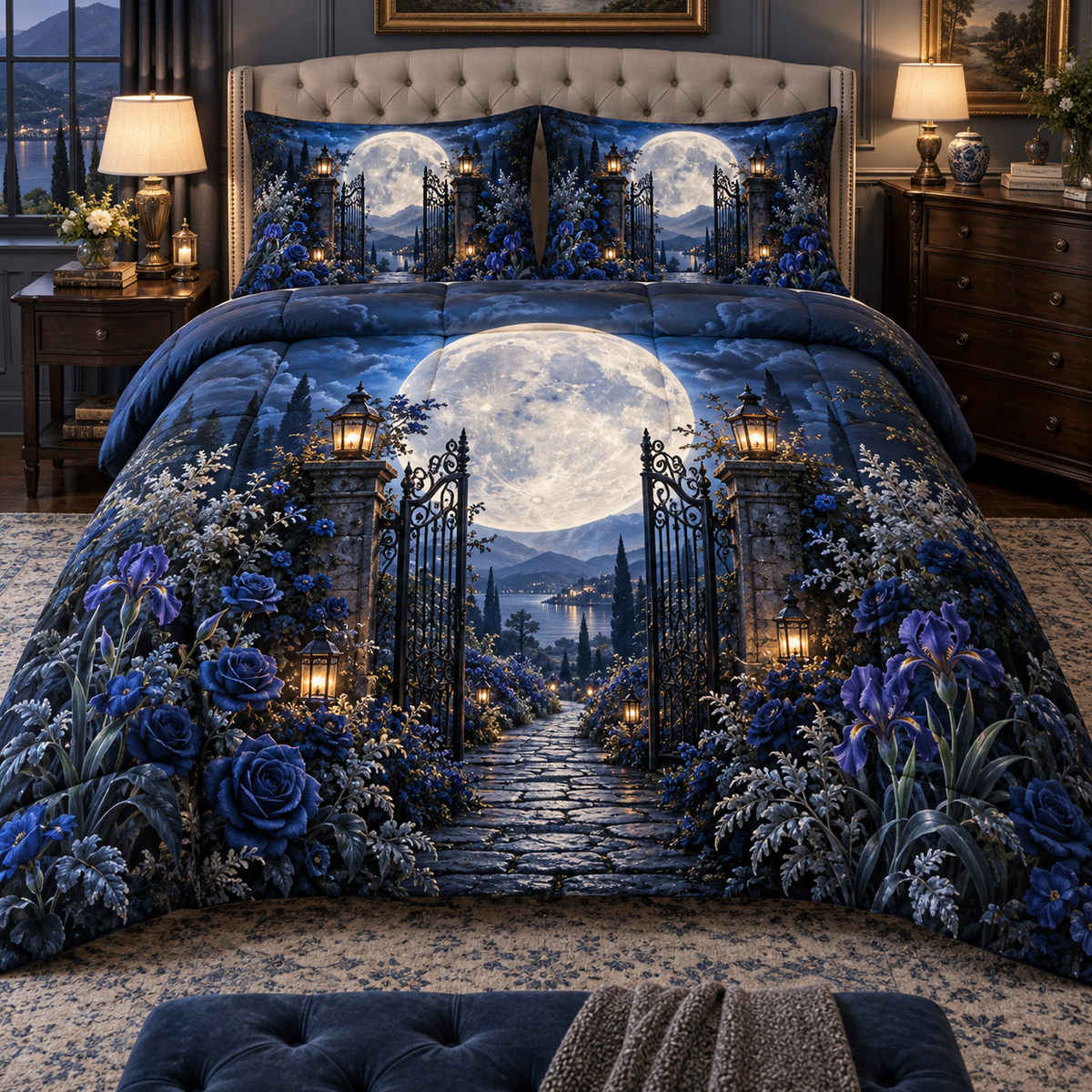 Moon Garden Gate Quilted Bedding Set with printed optical 3D artwork in its use setting