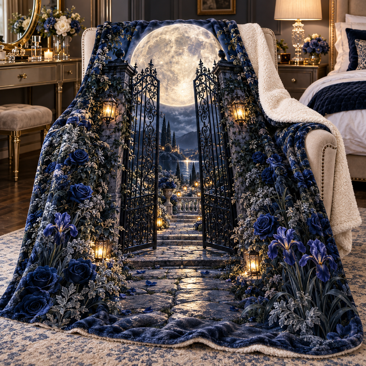 Moon Garden Gate Sherpa & Fleece Blanket with printed optical 3D artwork in its use setting