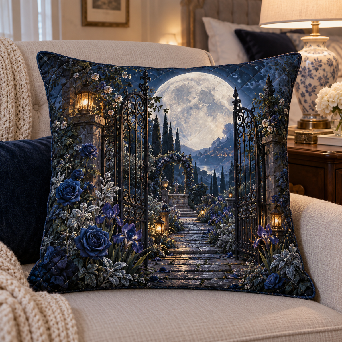 Moon Garden Gate Quilted Cushion Cover with printed optical 3D artwork in its use setting