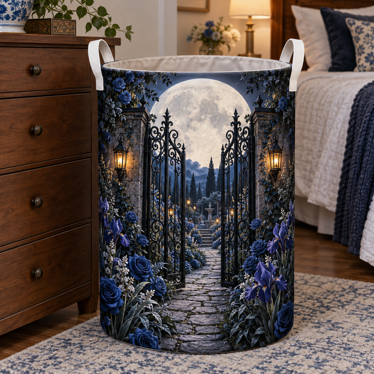 Moon Garden Gate Laundry Hamper with printed optical 3D artwork in its use setting