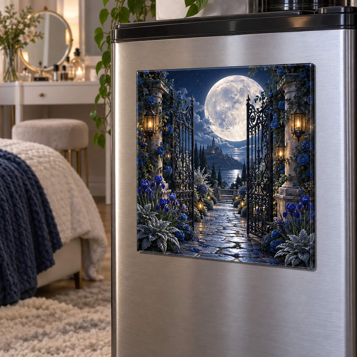 Moon Garden Gate Acrylic Refrigerator Magnet with printed optical 3D artwork in its use setting