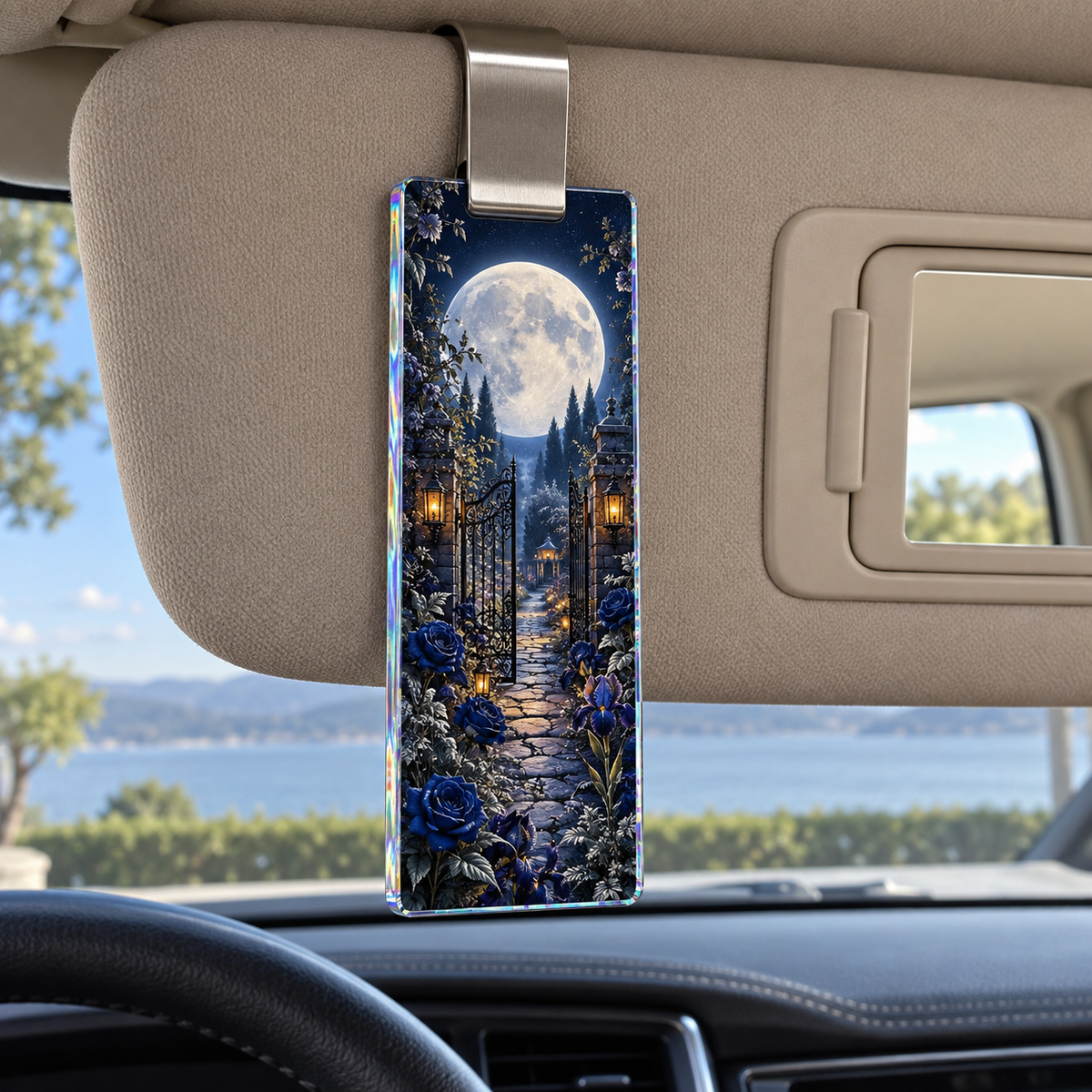 Moon Garden Gate Holographic Car Visor Clip with printed optical 3D artwork in its use setting