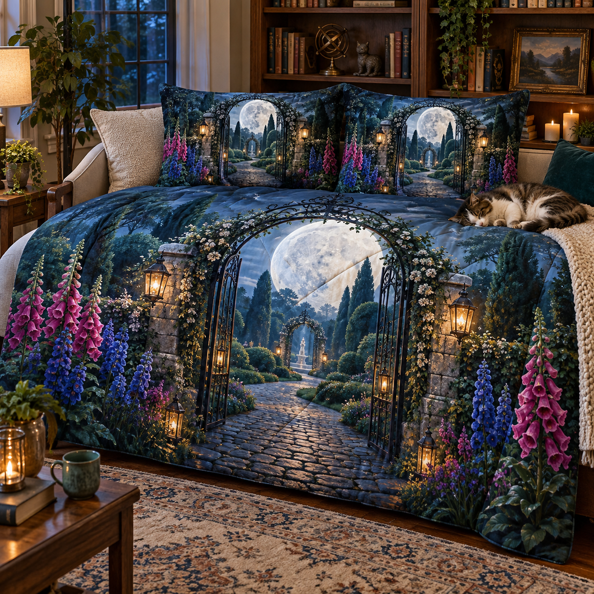 Moon Garden Portal Quilted Bedding Set with printed optical 3D artwork in its use setting