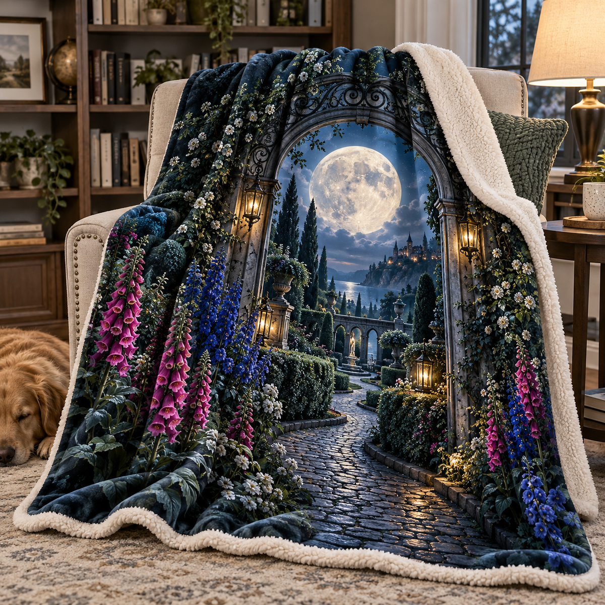 Moon Garden Portal Sherpa & Fleece Blanket with printed optical 3D artwork in its use setting