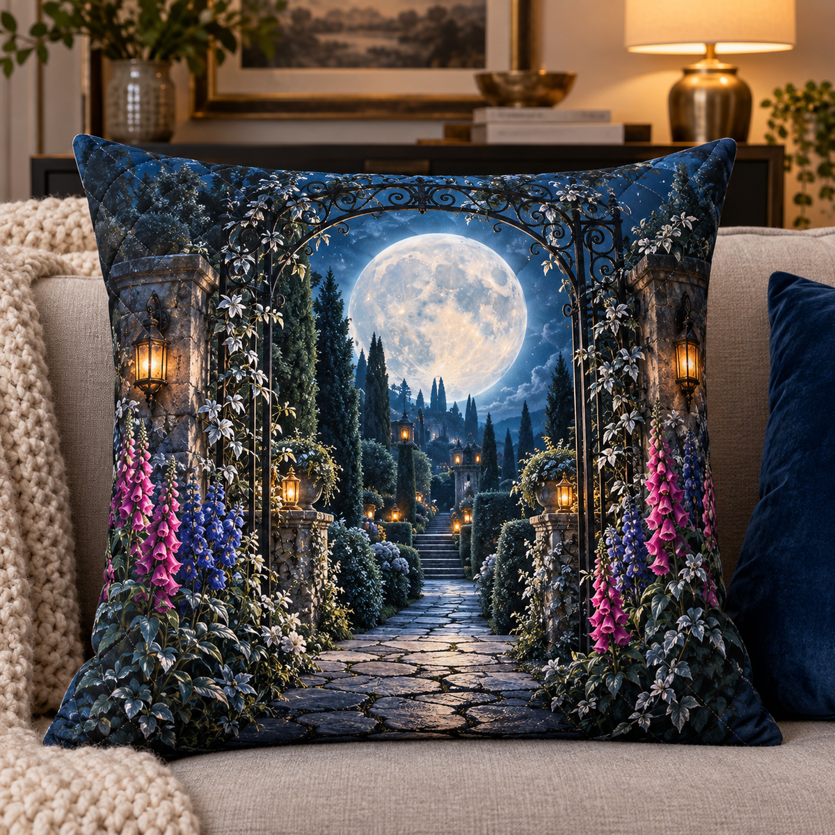 Moon Garden Portal Quilted Cushion Cover with printed optical 3D artwork in its use setting
