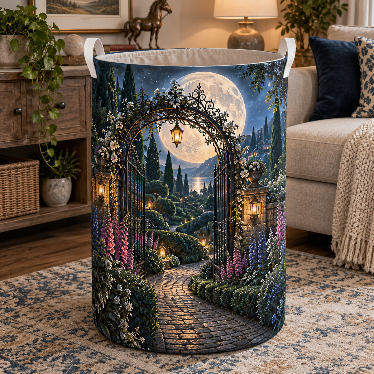 Moon Garden Portal Laundry Hamper with printed optical 3D artwork in its use setting