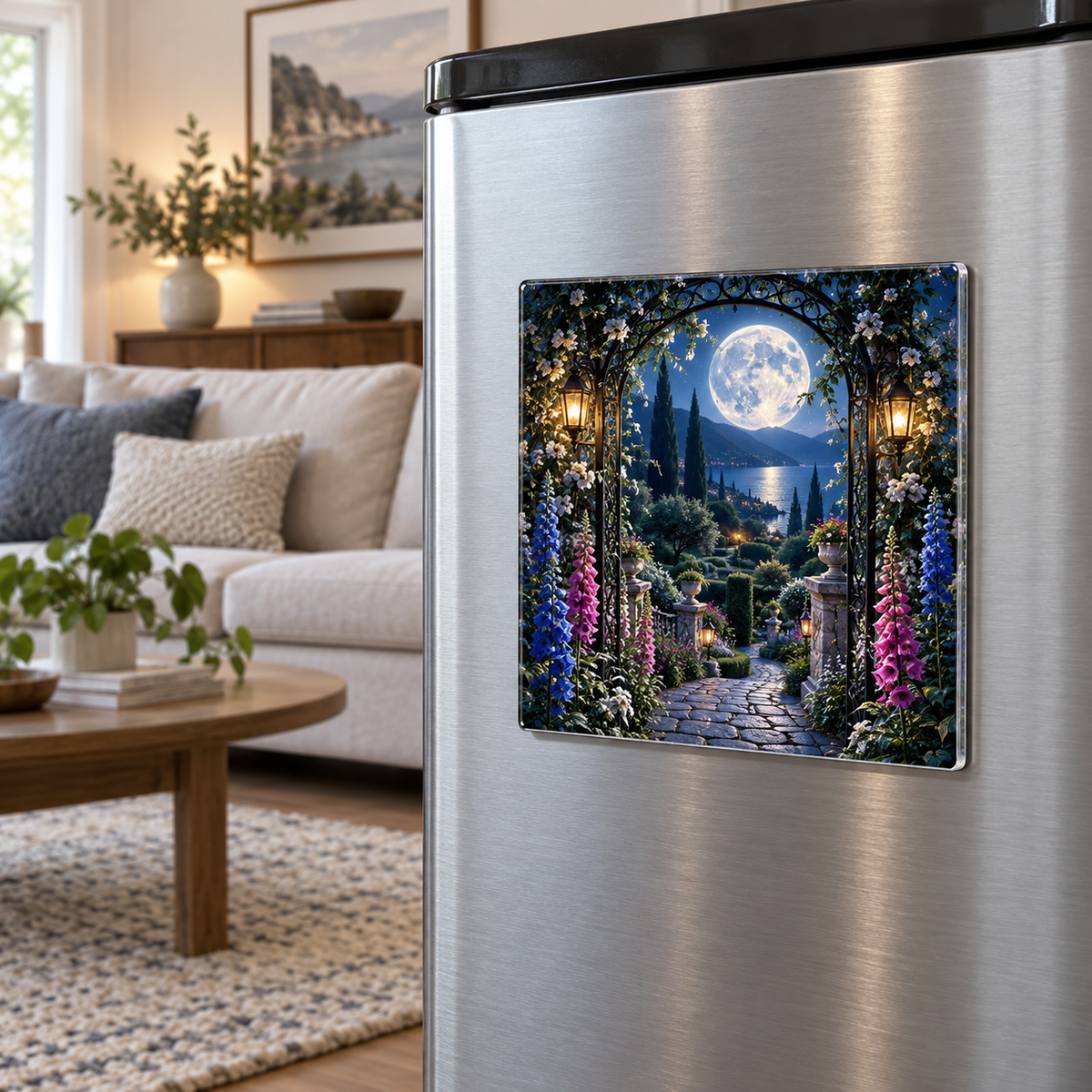 Moon Garden Portal Acrylic Refrigerator Magnet with printed optical 3D artwork in its use setting