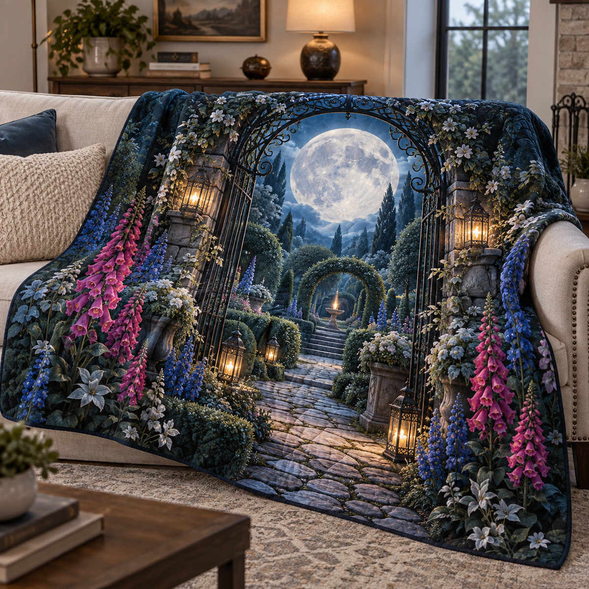 Moon Garden Portal Quilt Blanket with printed optical 3D artwork in its use setting
