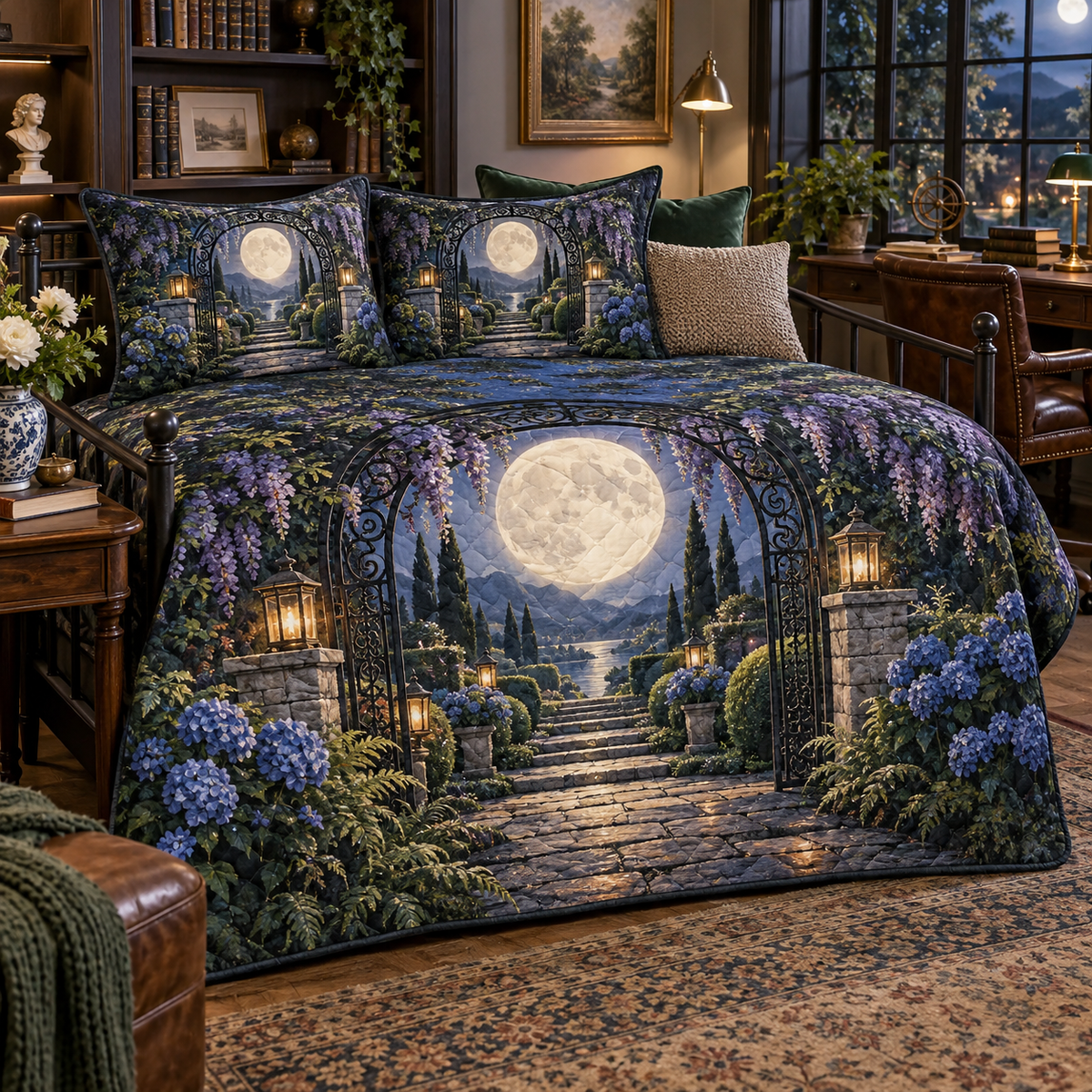 Moon Gate Study Quilted Bedding Set with printed optical 3D artwork in its use setting