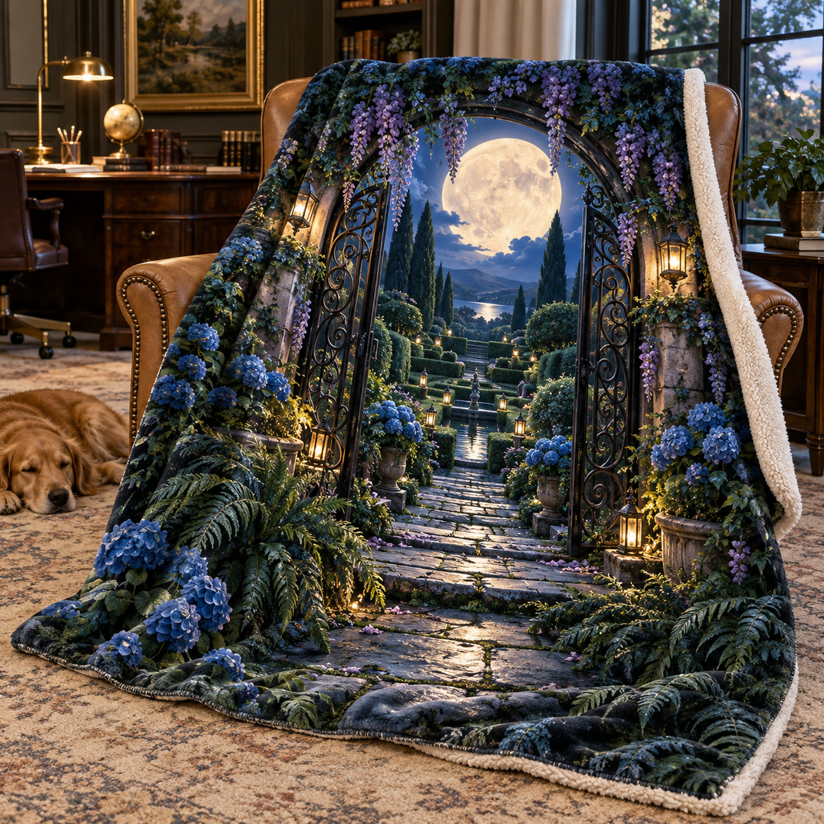 Moon Gate Study Sherpa & Fleece Blanket with printed optical 3D artwork in its use setting