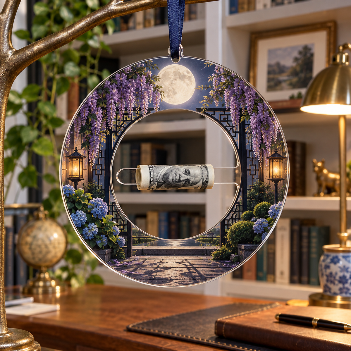 Moon Gate Study Acrylic Cash Holder Ornament with printed optical 3D artwork in its use setting