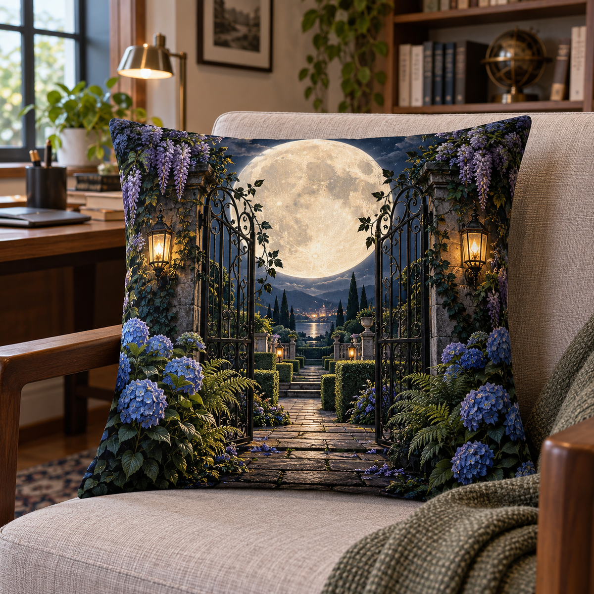 Moon Gate Study Quilted Cushion Cover with printed optical 3D artwork in its use setting