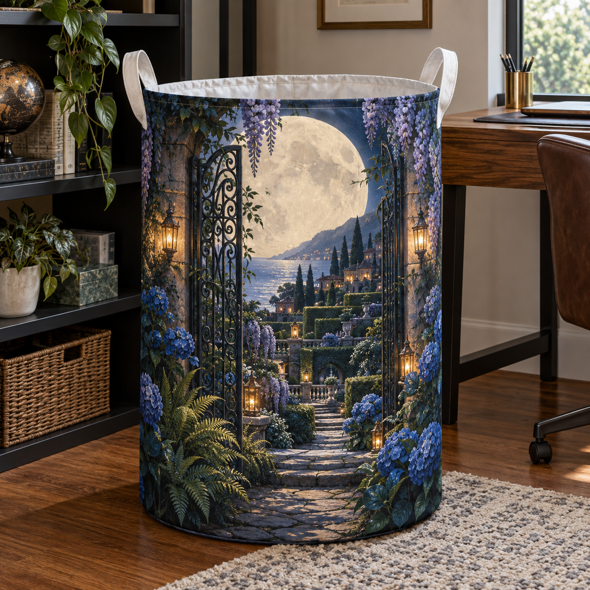 Moon Gate Study Laundry Hamper with printed optical 3D artwork in its use setting