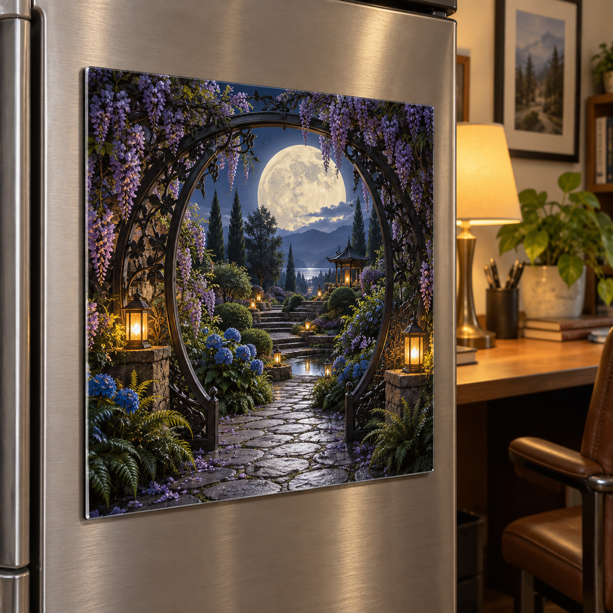 Moon Gate Study Acrylic Refrigerator Magnet with printed optical 3D artwork in its use setting