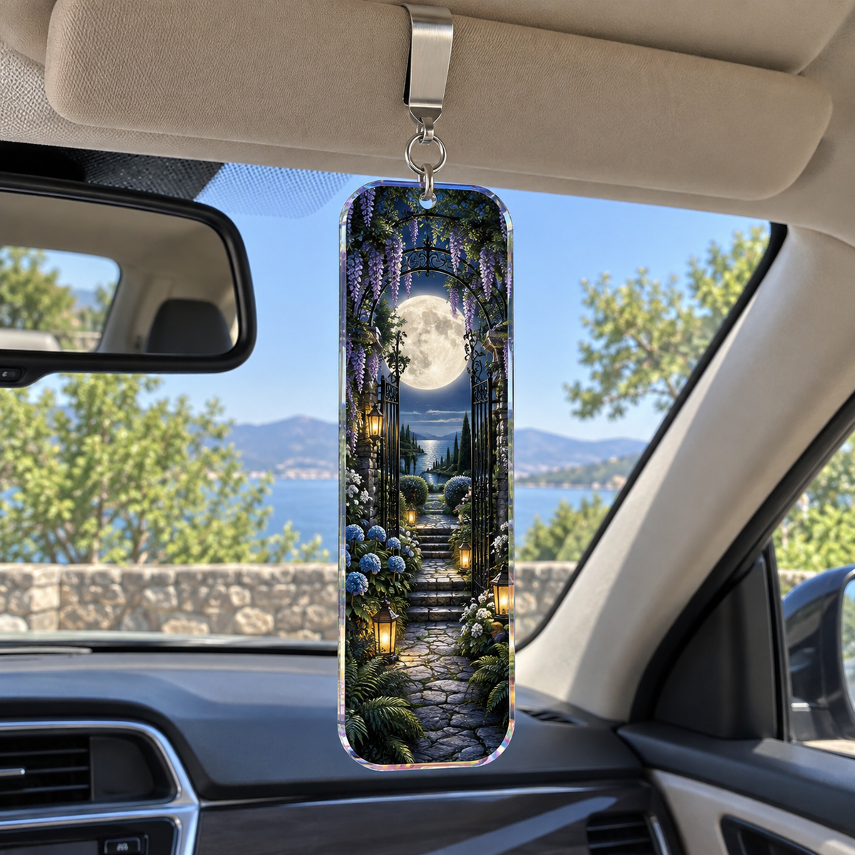 Moon Gate Study Holographic Car Visor Clip with printed optical 3D artwork in its use setting
