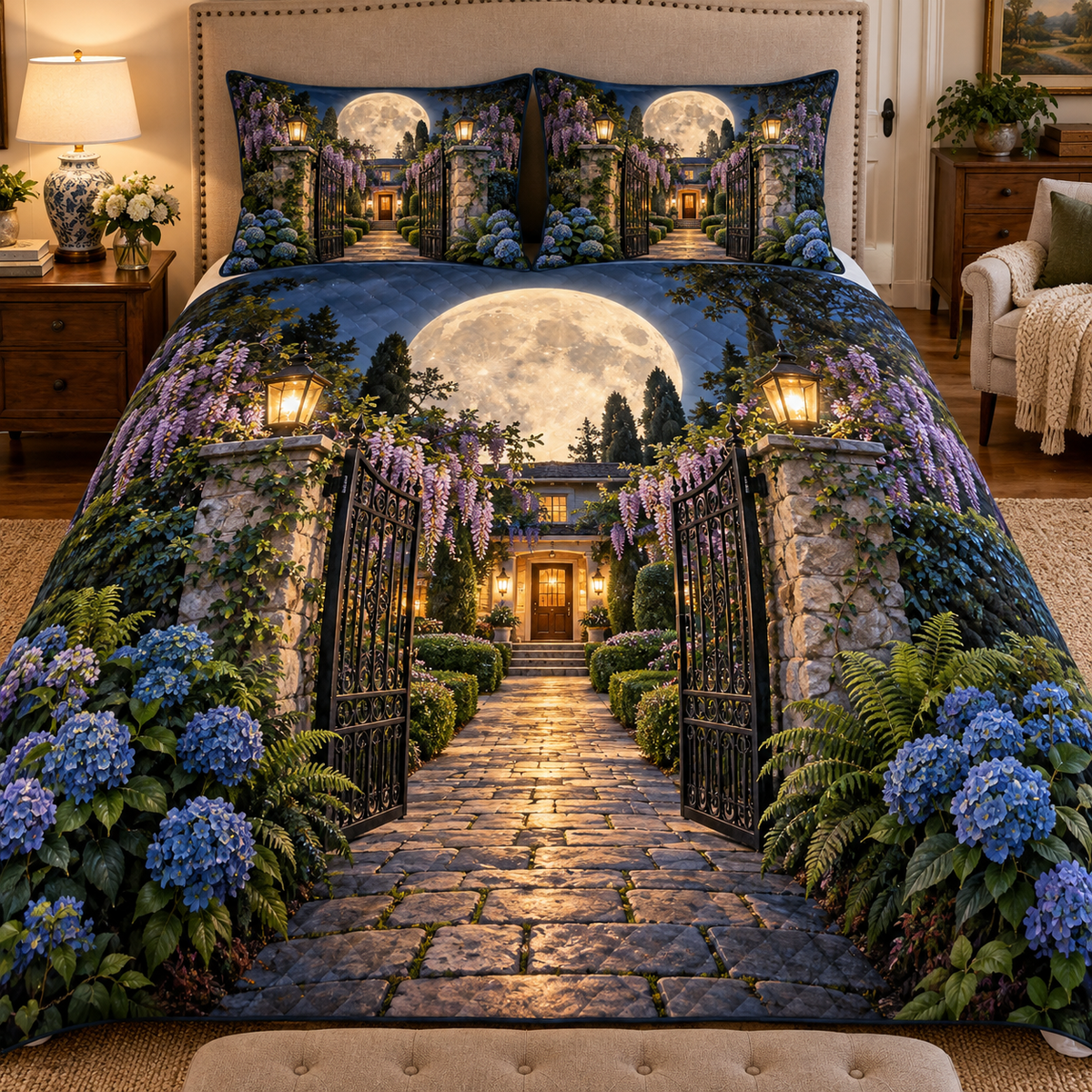 Moon Gate Welcome Quilted Bedding Set with printed optical 3D artwork in its use setting