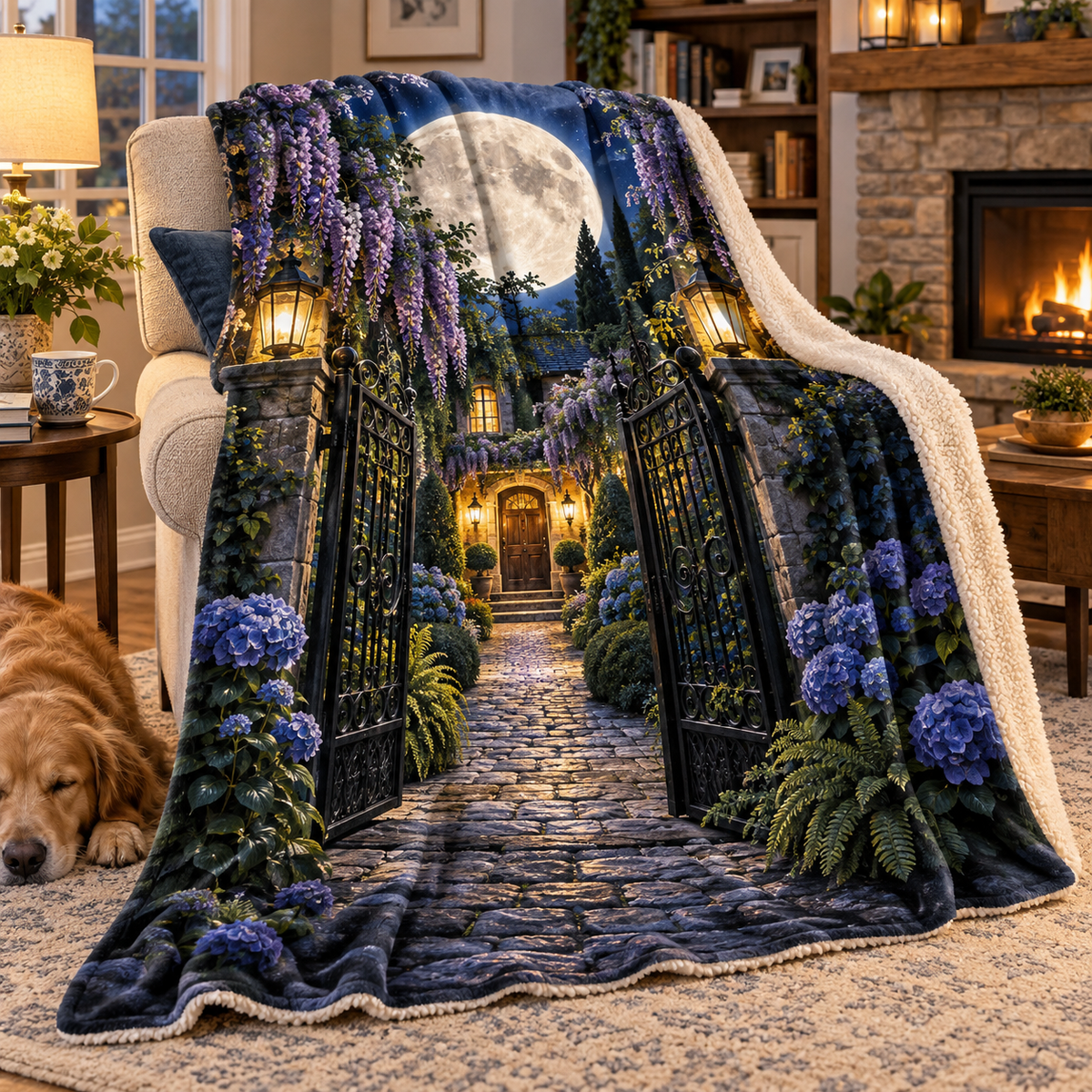 Moon Gate Welcome Sherpa & Fleece Blanket with printed optical 3D artwork in its use setting