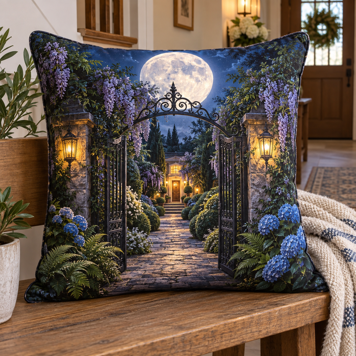 Moon Gate Welcome Quilted Cushion Cover with printed optical 3D artwork in its use setting