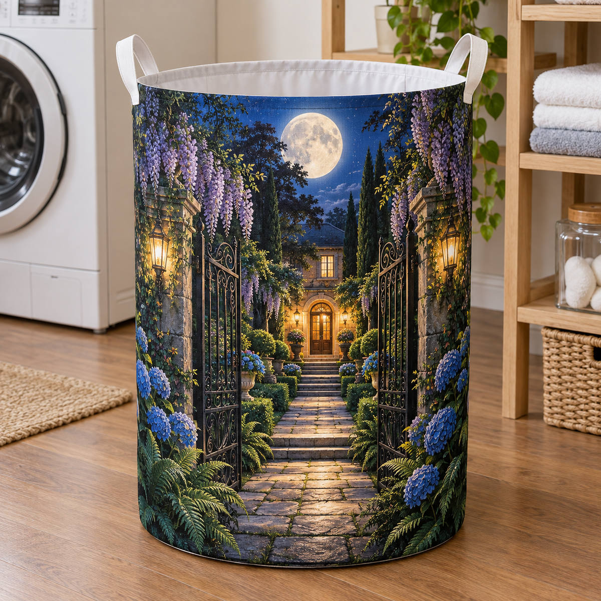 Moon Gate Welcome Laundry Hamper with printed optical 3D artwork in its use setting