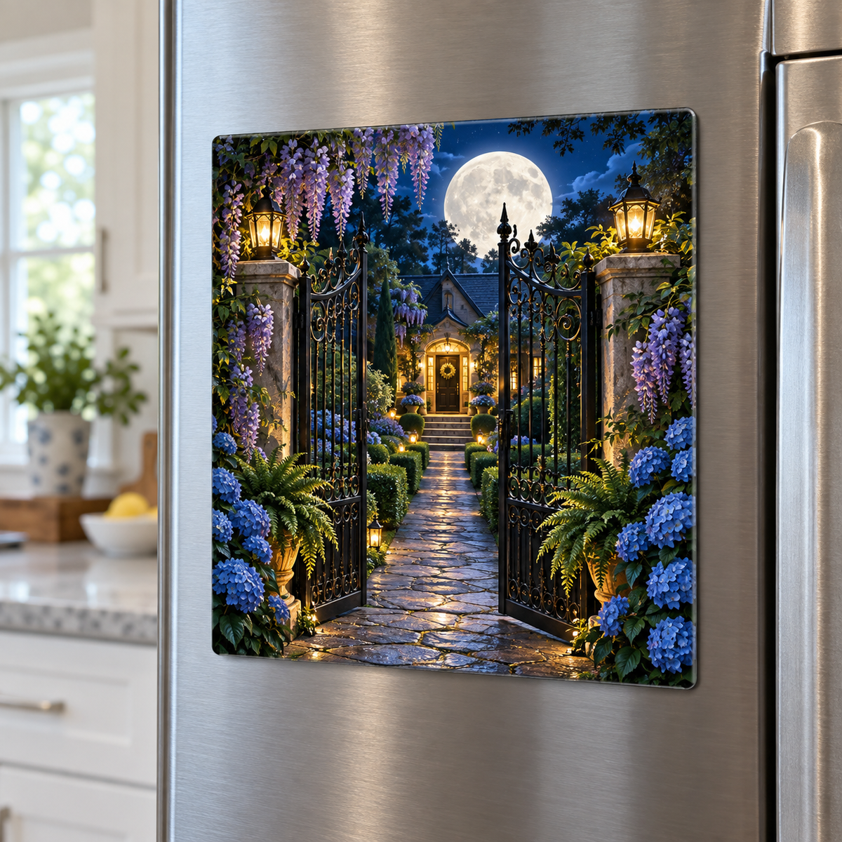 Moon Gate Welcome Acrylic Refrigerator Magnet with printed optical 3D artwork in its use setting
