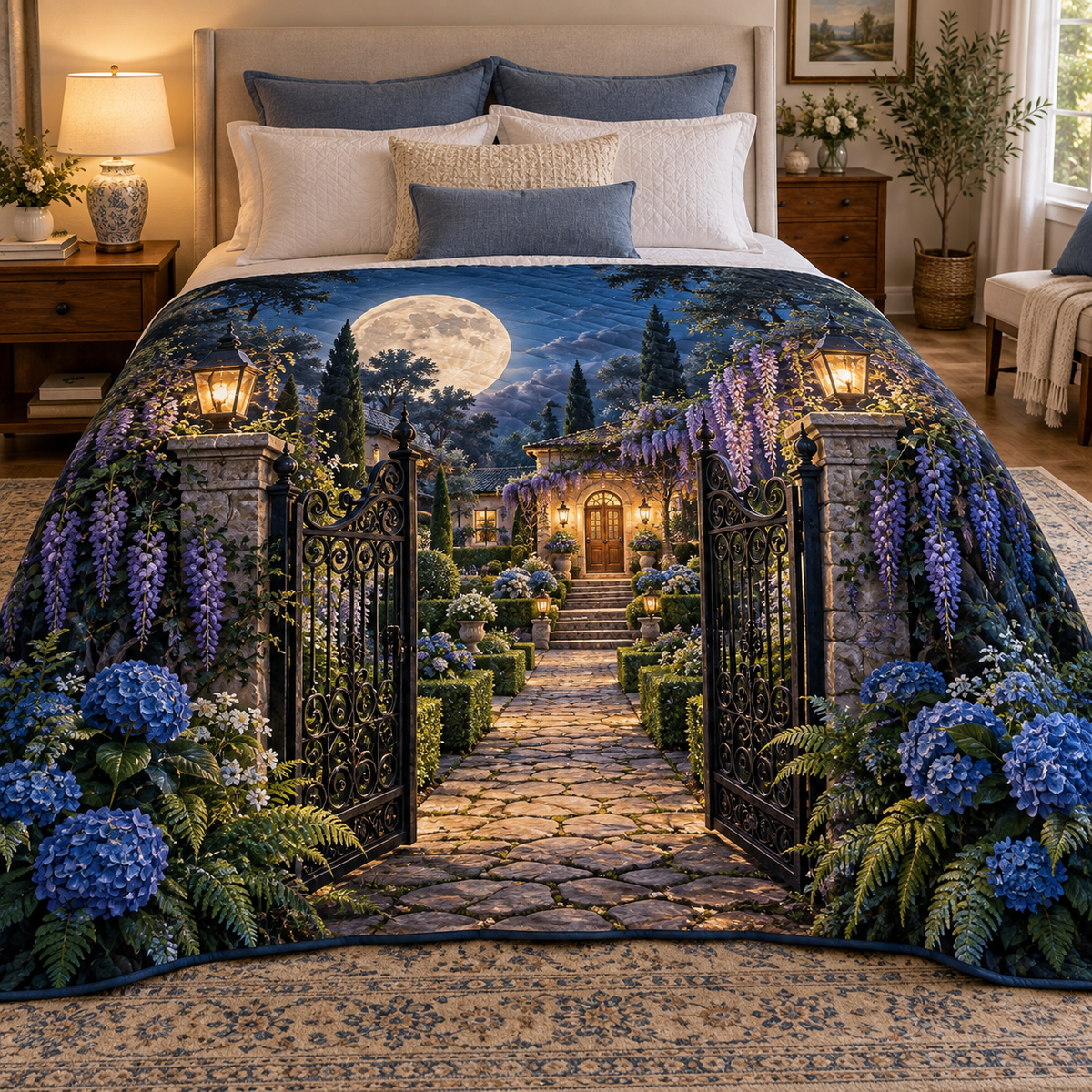 Moon Gate Welcome Quilt Blanket with printed optical 3D artwork in its use setting