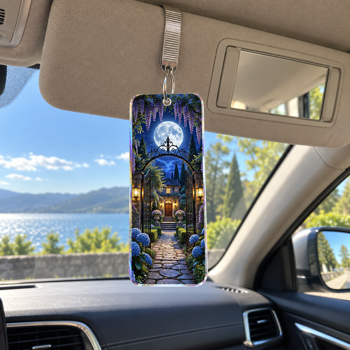 Moon Gate Welcome Holographic Car Visor Clip with printed optical 3D artwork in its use setting