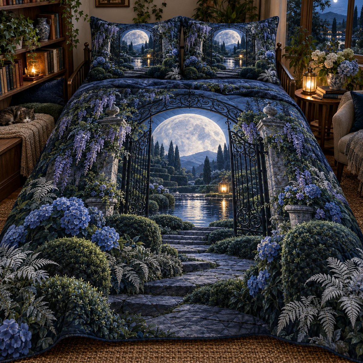 Moon Gate Retreat Quilted Bedding Set with printed optical 3D artwork in its use setting