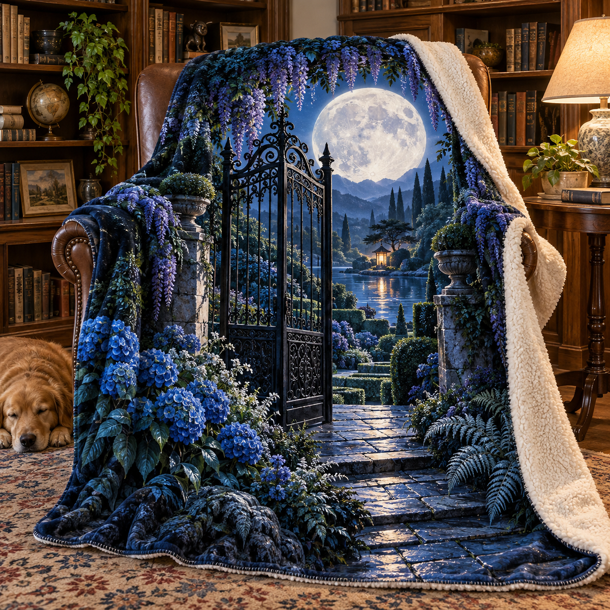 Moon Gate Retreat Sherpa & Fleece Blanket with printed optical 3D artwork in its use setting