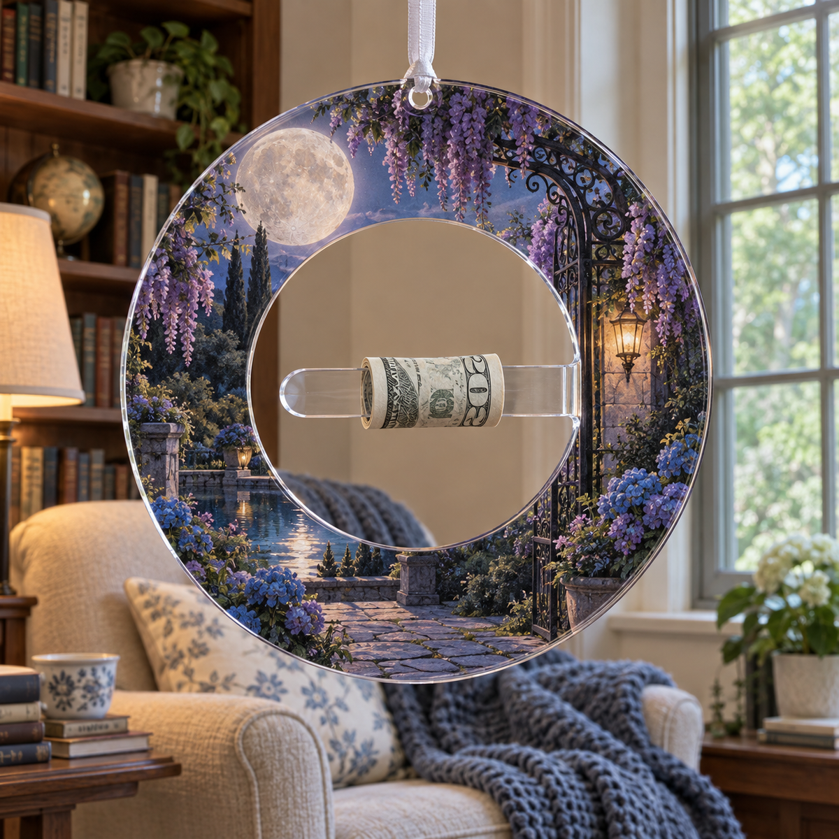 Moon Gate Retreat Acrylic Cash Holder Ornament with printed optical 3D artwork in its use setting