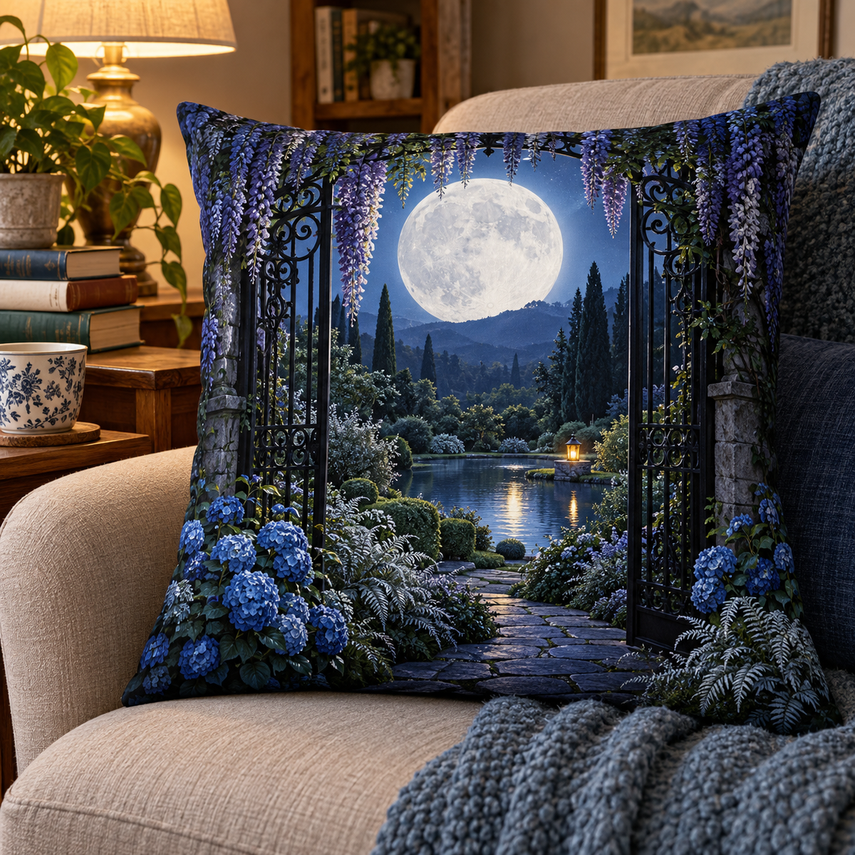 Moon Gate Retreat Quilted Cushion Cover with printed optical 3D artwork in its use setting