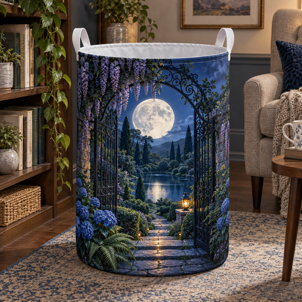 Moon Gate Retreat Laundry Hamper with printed optical 3D artwork in its use setting