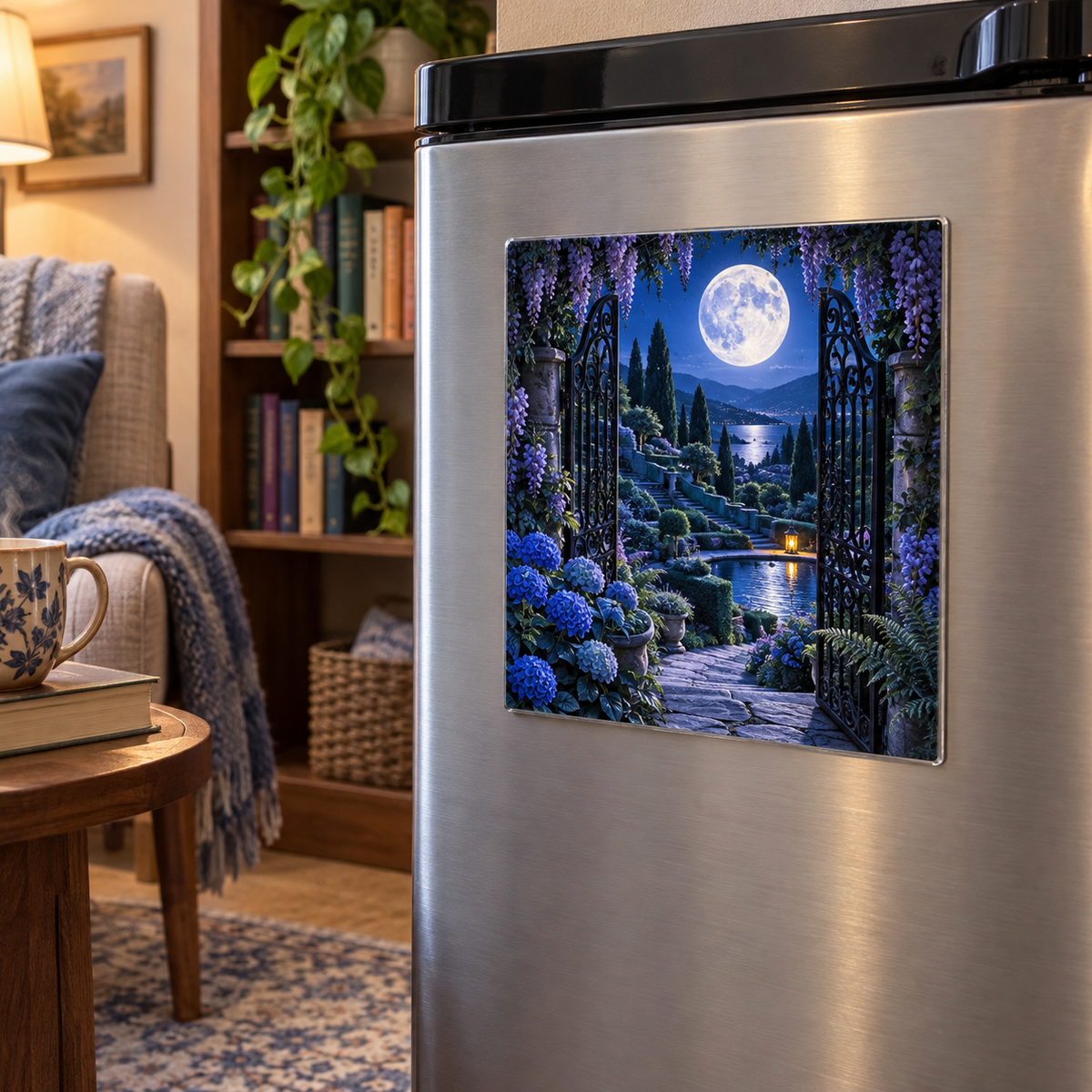 Moon Gate Retreat Acrylic Refrigerator Magnet with printed optical 3D artwork in its use setting