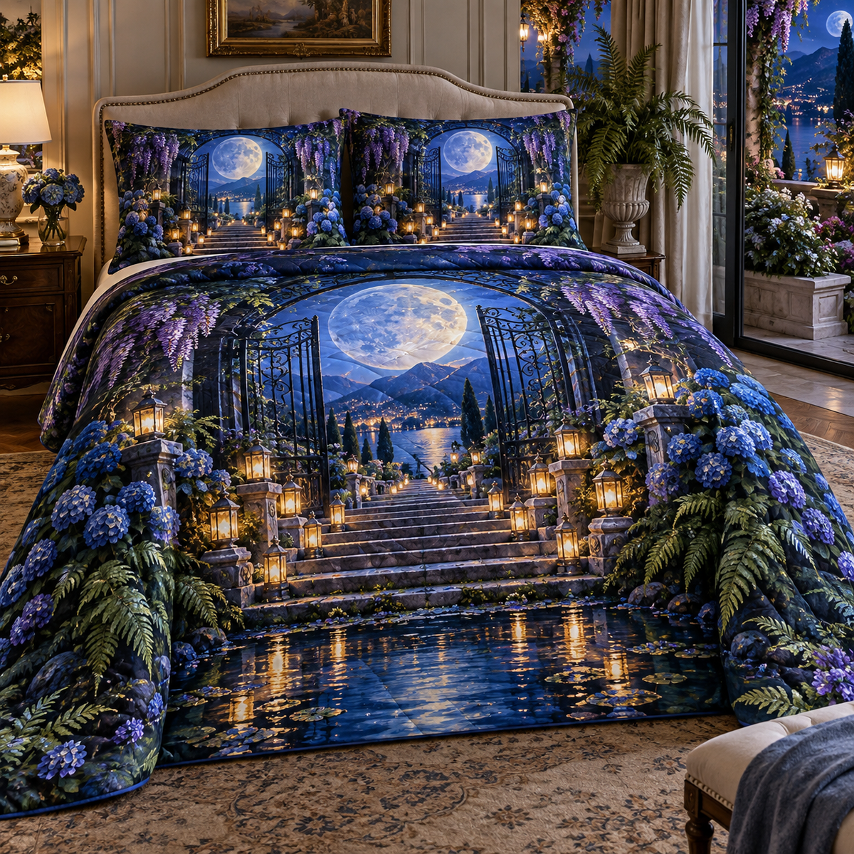 Moon Gate Celebration Quilted Bedding Set with printed optical 3D artwork in its use setting