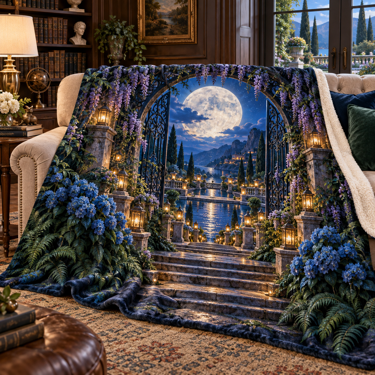 Moon Gate Celebration Sherpa & Fleece Blanket with printed optical 3D artwork in its use setting