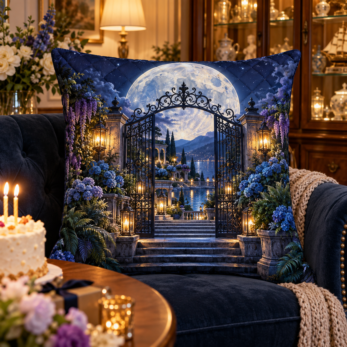 Moon Gate Celebration Quilted Cushion Cover with printed optical 3D artwork in its use setting