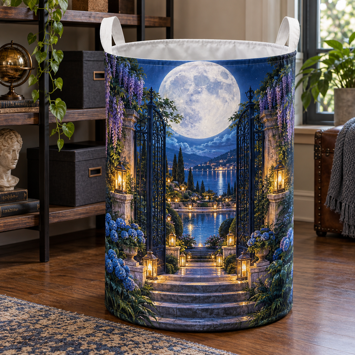 Moon Gate Celebration Laundry Hamper with printed optical 3D artwork in its use setting
