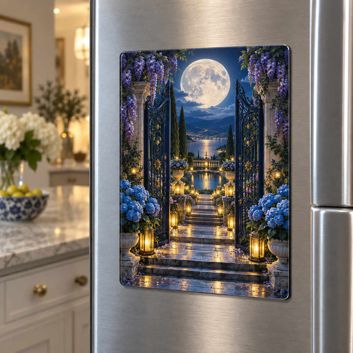 Moon Gate Celebration Acrylic Refrigerator Magnet with printed optical 3D artwork in its use setting